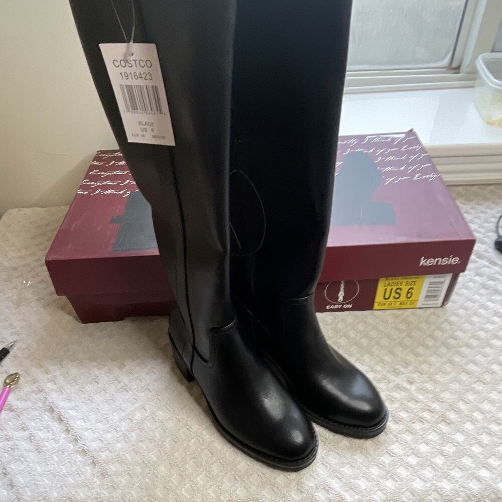 Kensie Women’s Black Faux Leather Knee-High Riding Boots Round Toe Side Zip 6